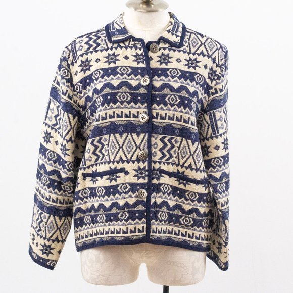 Vintage Jackets & Blazers - Vintage M Cotton Southwestern Sweater Jacket Blue